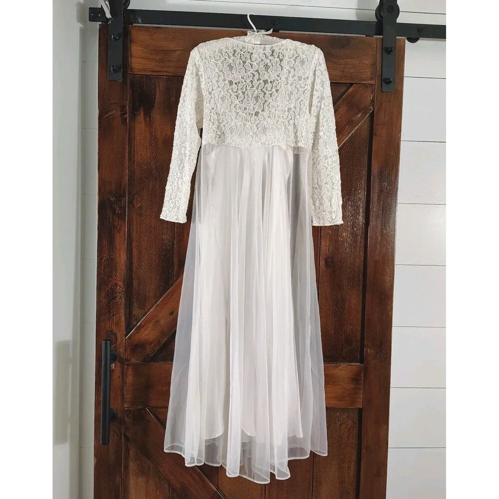 Vintage White Lace Nightgown Set Size S Sheer Robe Satin Slip Romantic Bridal - Picture 4 of 12